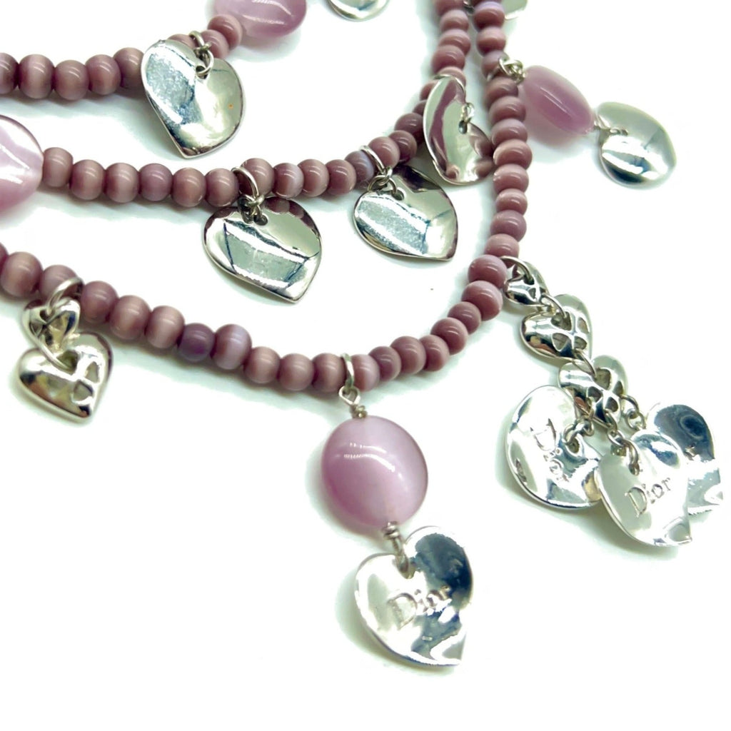 Christian Dior Triple Strand Bead Necklace With Silver Charms