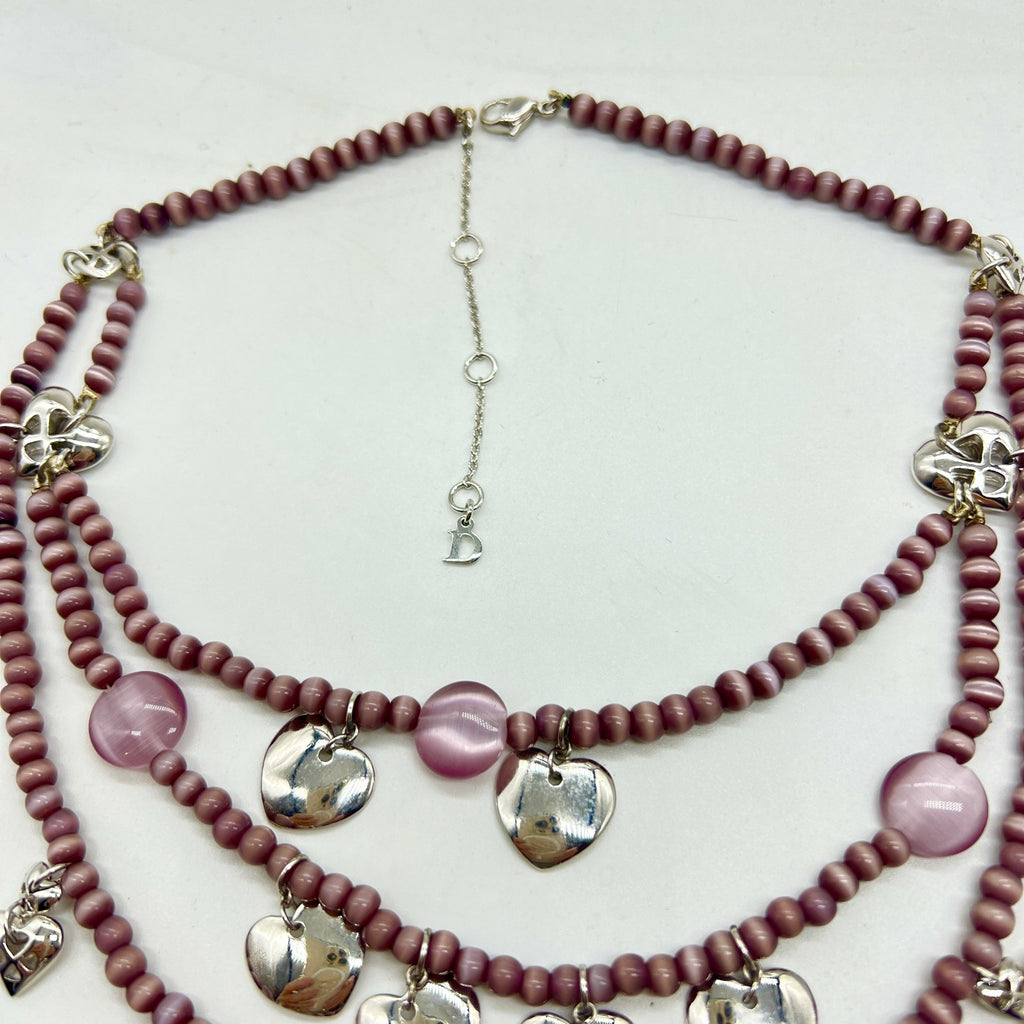 Christian Dior Triple Strand Bead Necklace With Silver Charms