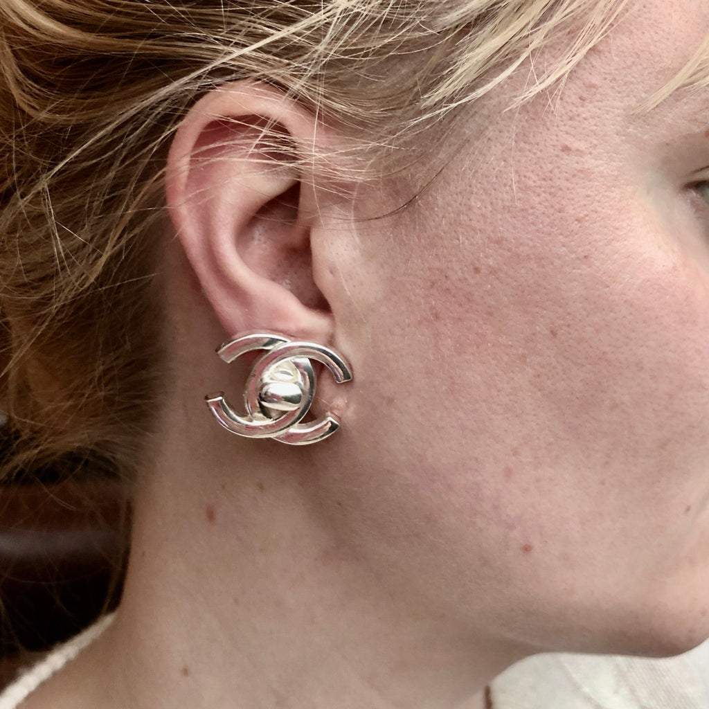Vintage Chanel Silvertone Large Turnlock Earrings