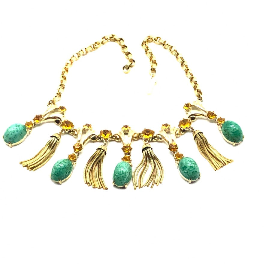 schiaparelli necklace with tassels and artglass cabs