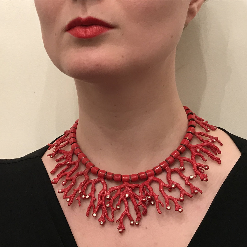 vintage ysl yves saint laurent coral rhinestone necklace