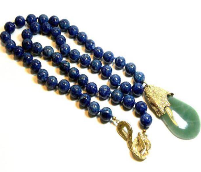 Vintage YSL blue bead necklace with green stone pendant