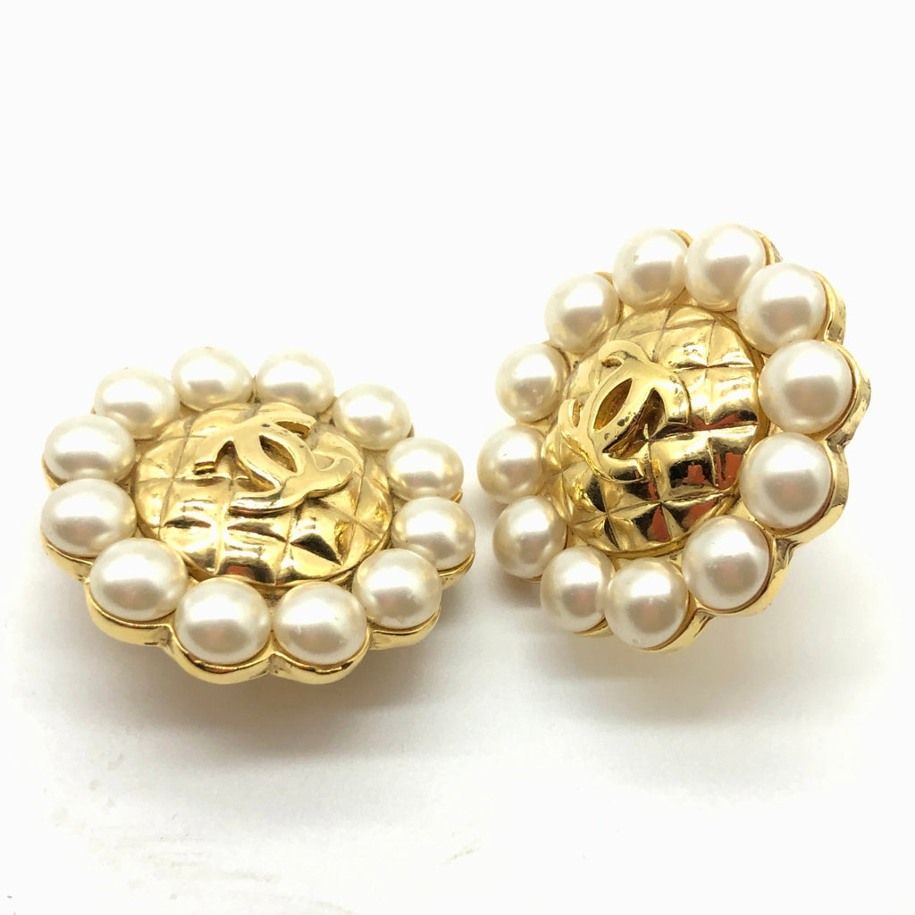 Vintage Chanel Large Earrings with Quilted Centre and Pearl Surround