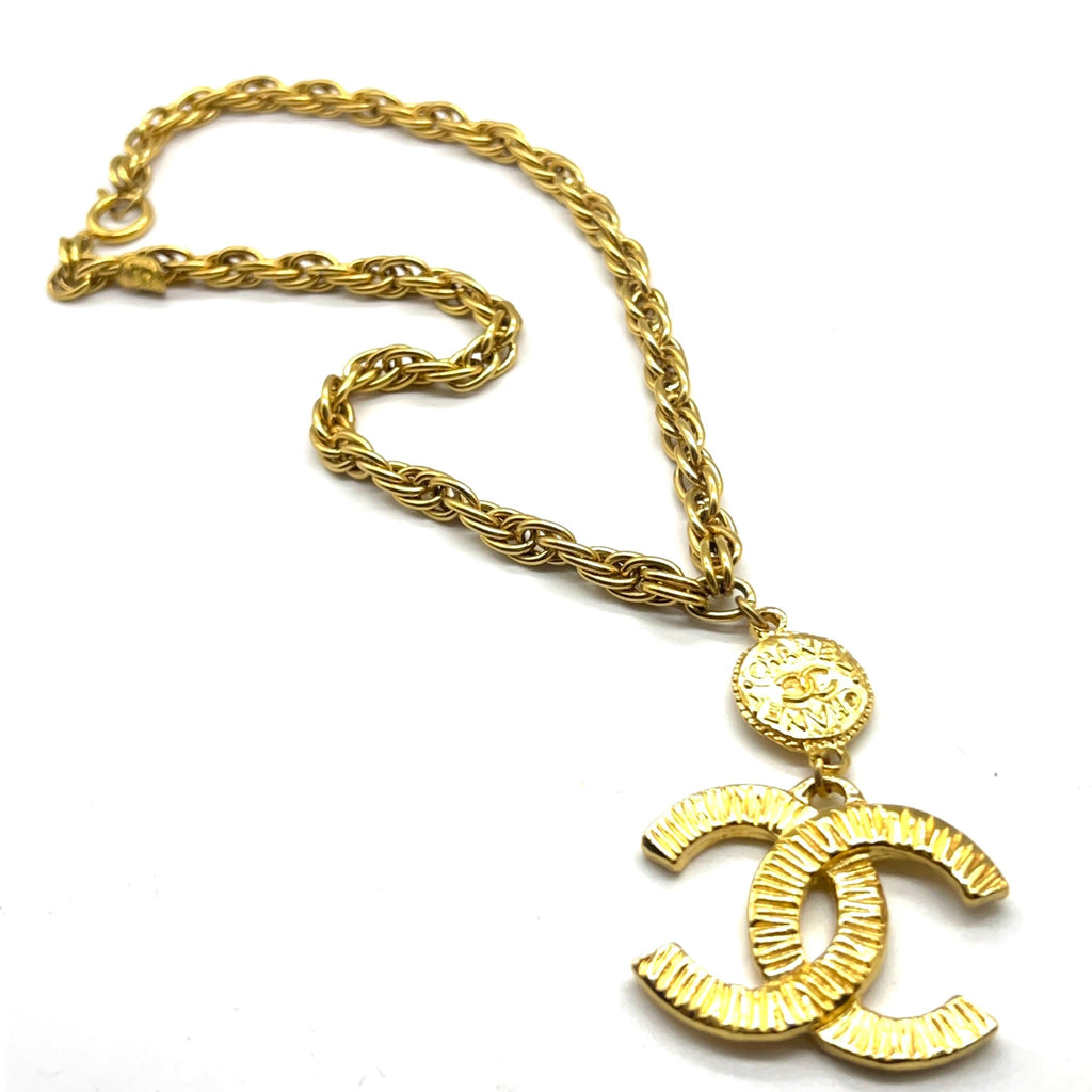 Vintage Chanel Chain Necklace with Ribbed CC Charm and Chanel Coin