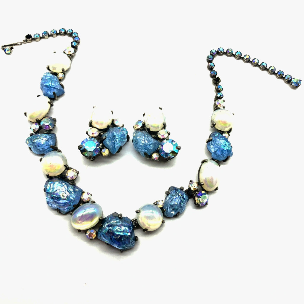 Schiaparelli Blue Lava Rock Necklace Set with Iridescent White Cabs