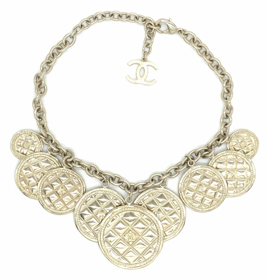chanel silver gilt necklace with quilted charms