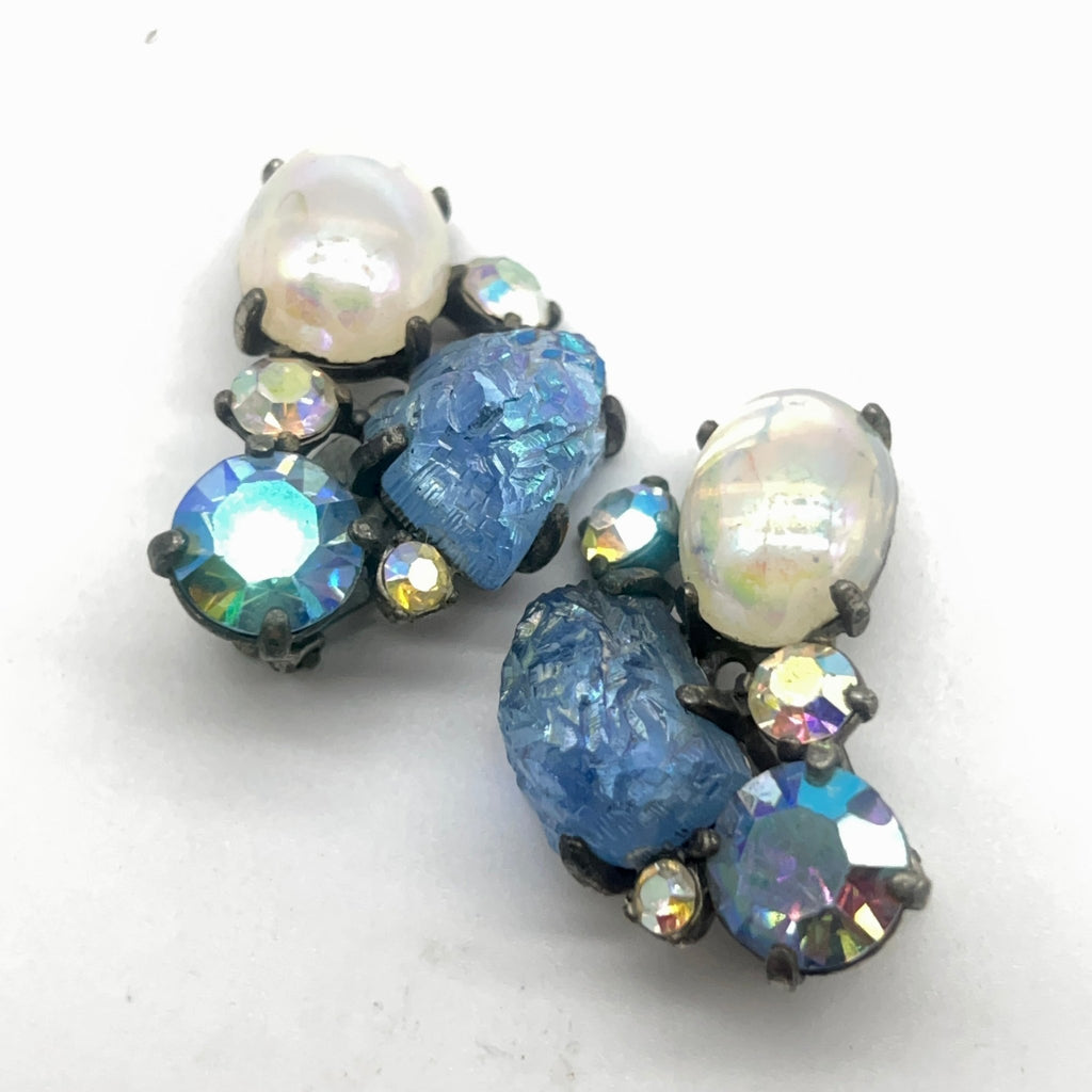 Schiaparelli Blue Lava Rock Necklace Set with Iridescent White Cabs