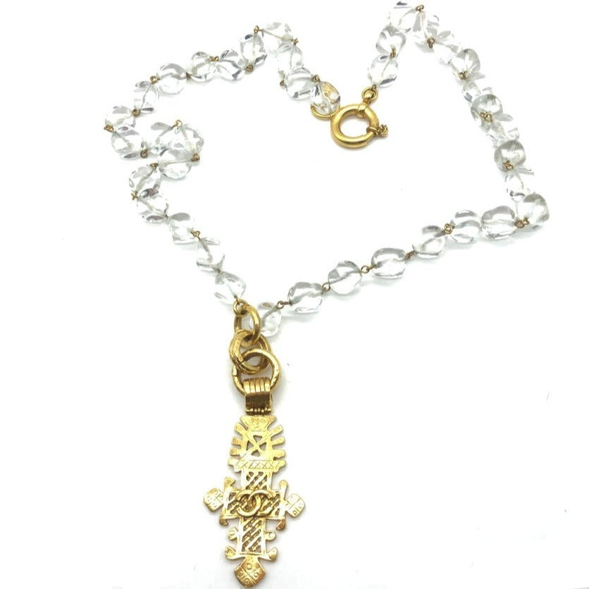 chanel bead necklace with goldtone cross