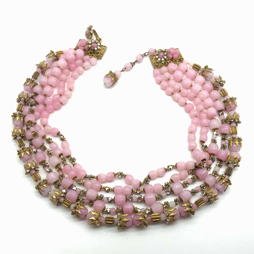 Miriam Haskell Pink Glass Beaded Necklace with Rhinestones