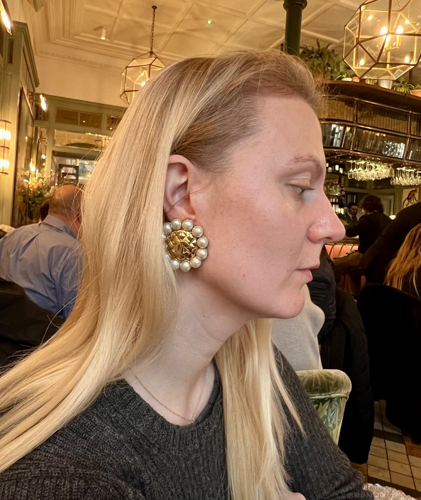 Vintage Chanel Large Earrings with Quilted Centre and Pearl Surround