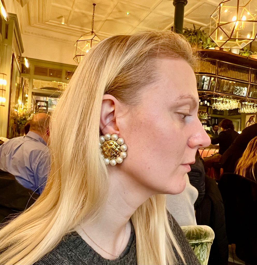 Vintage Chanel Large Earrings with Quilted Centre and Pearl Surround