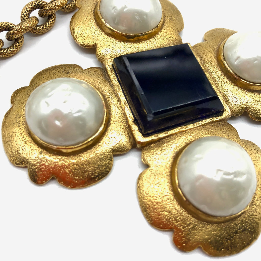 Vintage Chanel Necklace with Pearl and Gripoix Scalloped Cross Pendant