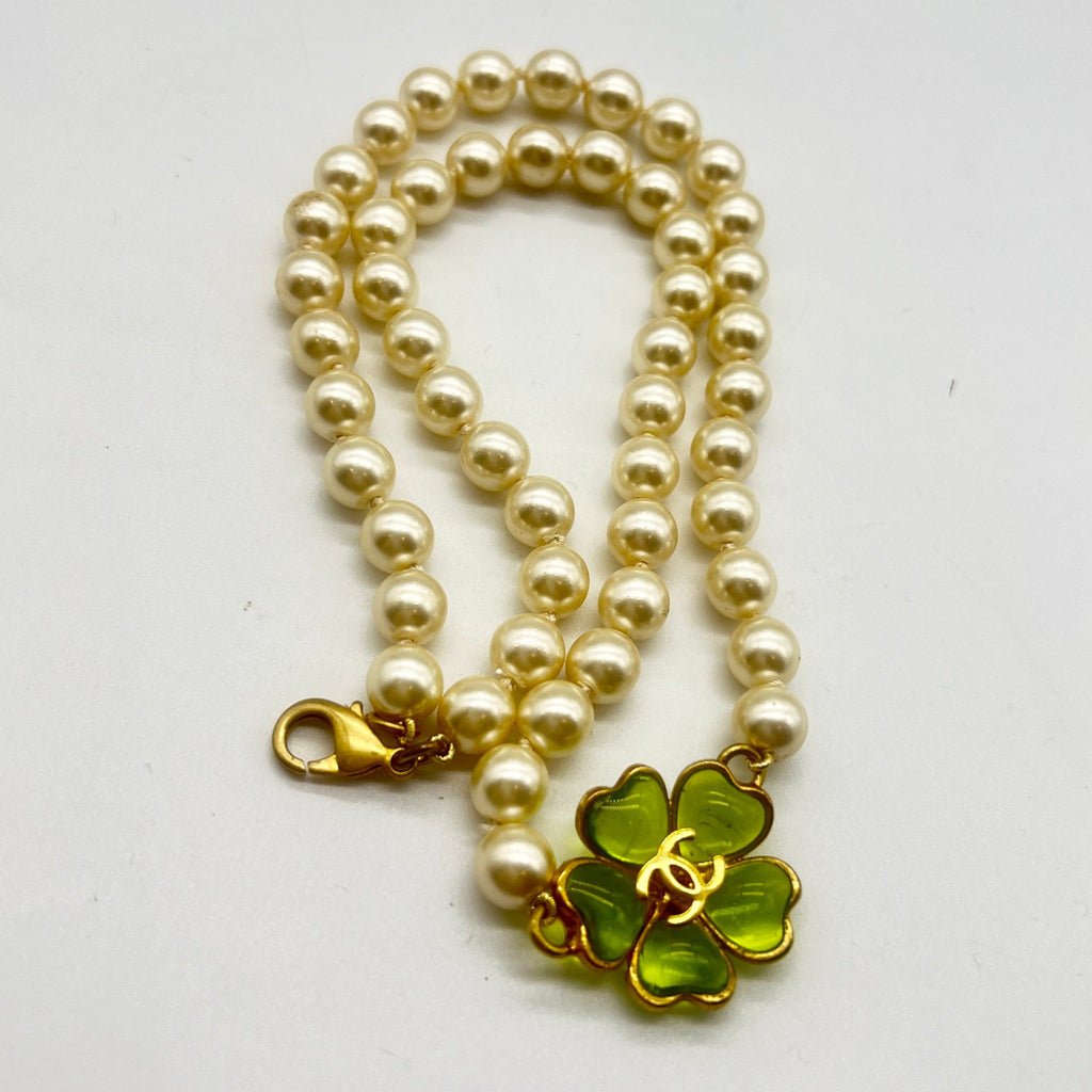 Vintage Chanel Pearl Necklace with Green Gripoix Flower
