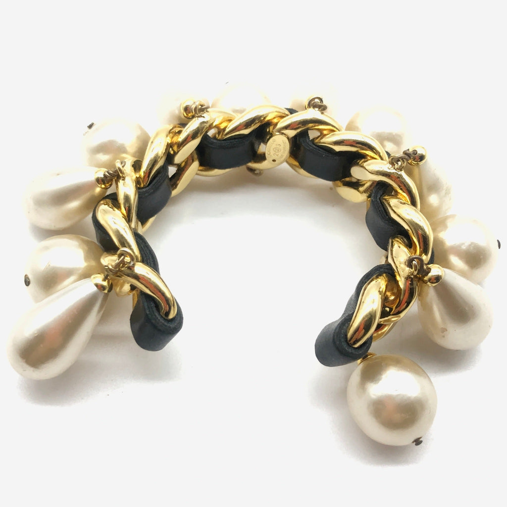 Vintage Chanel Leather Weave Cuff with. Double Pearls