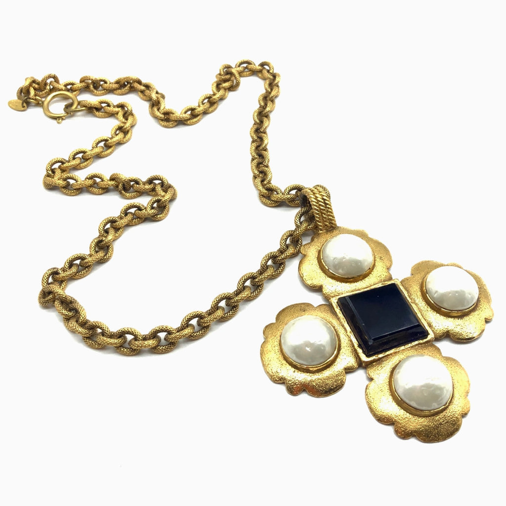 Vintage Chanel Necklace with Pearl and Gripoix Scalloped Cross Pendant