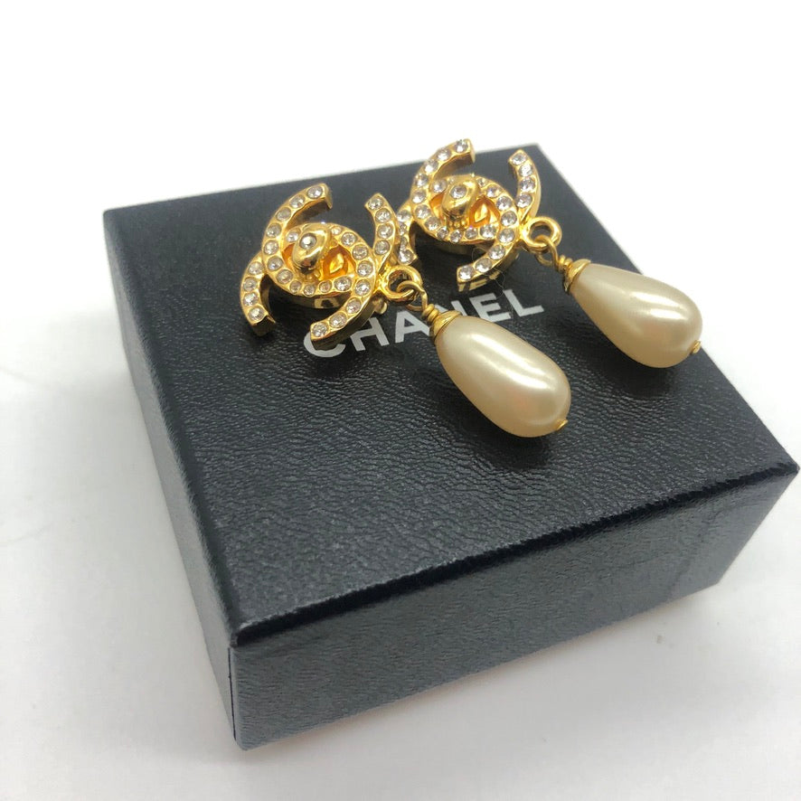 Vintage Chanel Crystal Turnlock Earrings with Pearl