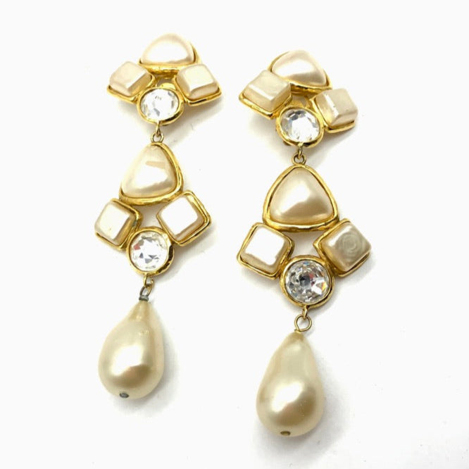 Vintage Chanel Long Drop Pearl and Crystal Earrings