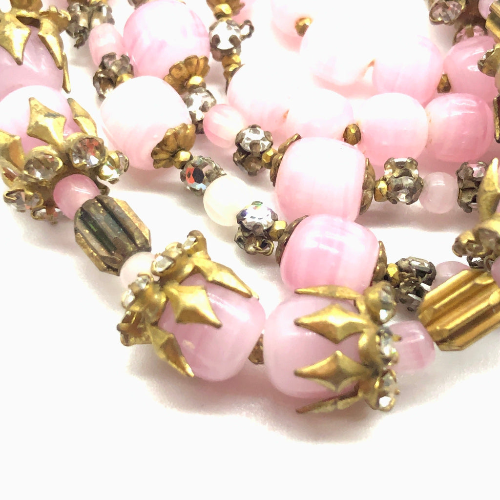 Miriam Haskell Pink Glass Beaded Necklace with Rhinestones