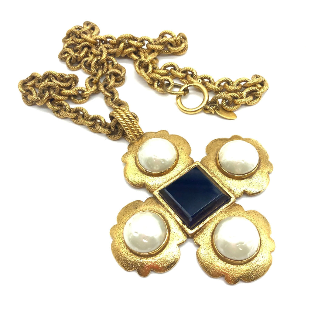 Vintage Chanel Necklace with Pearl and Gripoix Scalloped Cross Pendant