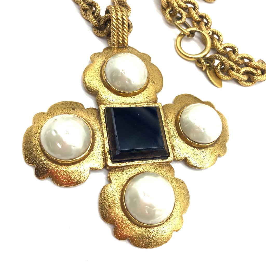 Vintage Chanel Necklace with Pearl and Gripoix Scalloped Cross Pendant