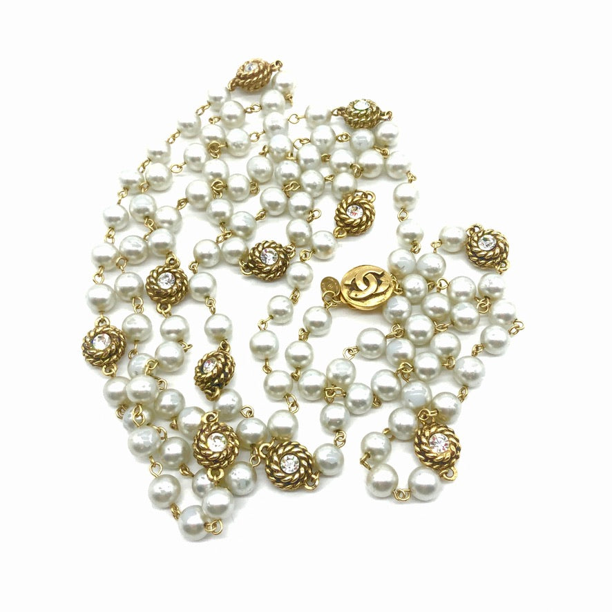 Chanel pearl necklace with crystal CC stations 1450.00 #chanel  #chanelnecklace #chanelpearls #fashionjewelry