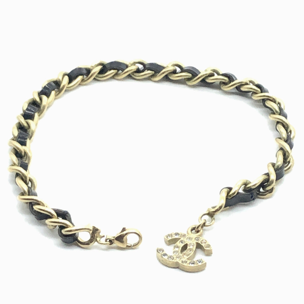 Vintage Chanel Leather Weave Anklet with Rhinestone Charm