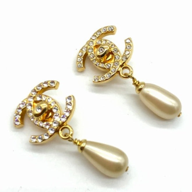 Chanel Turnlock Earrings with Rhinestones and Pearl Charm