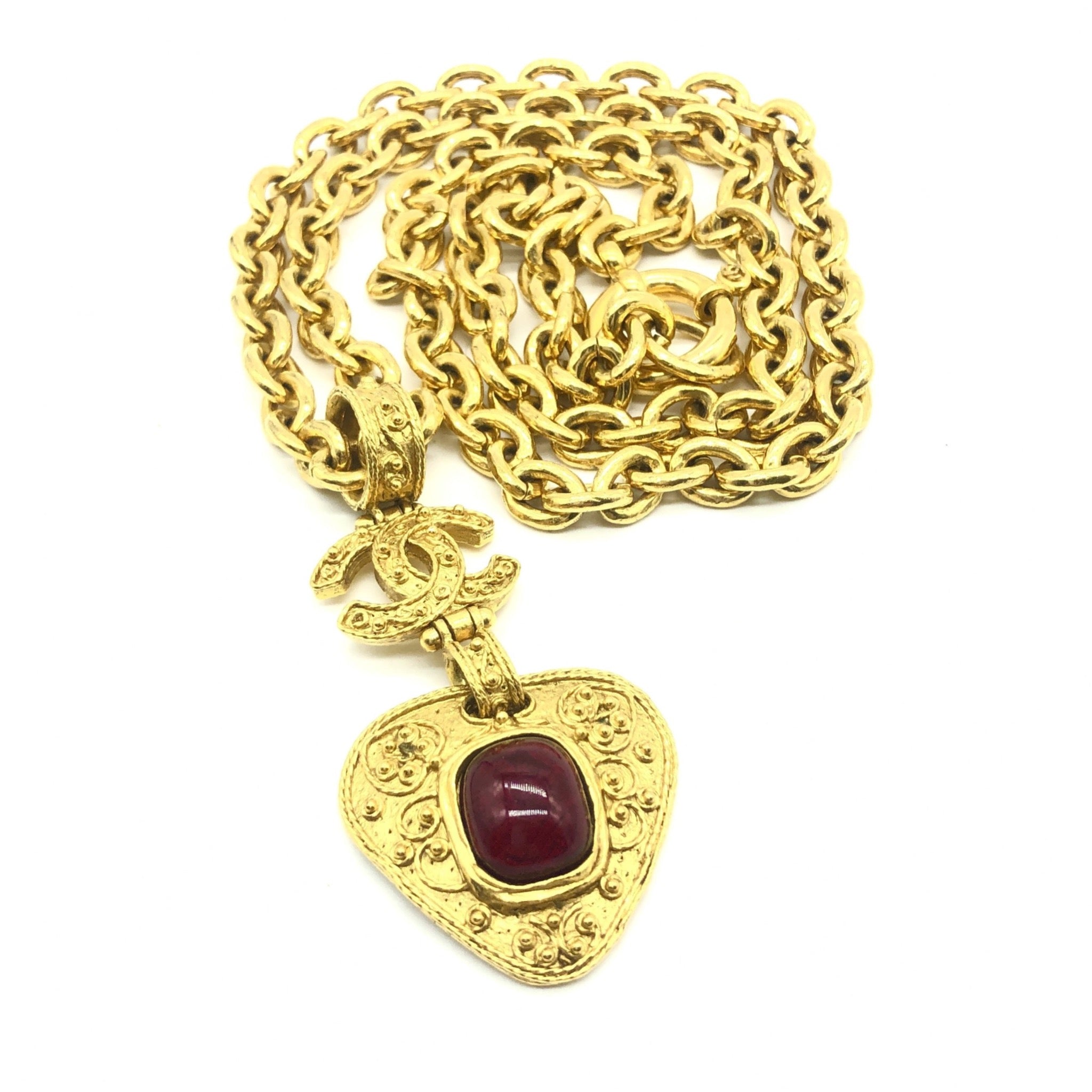 Chanel Vintage CC Red Stone Clover Pendant Necklace