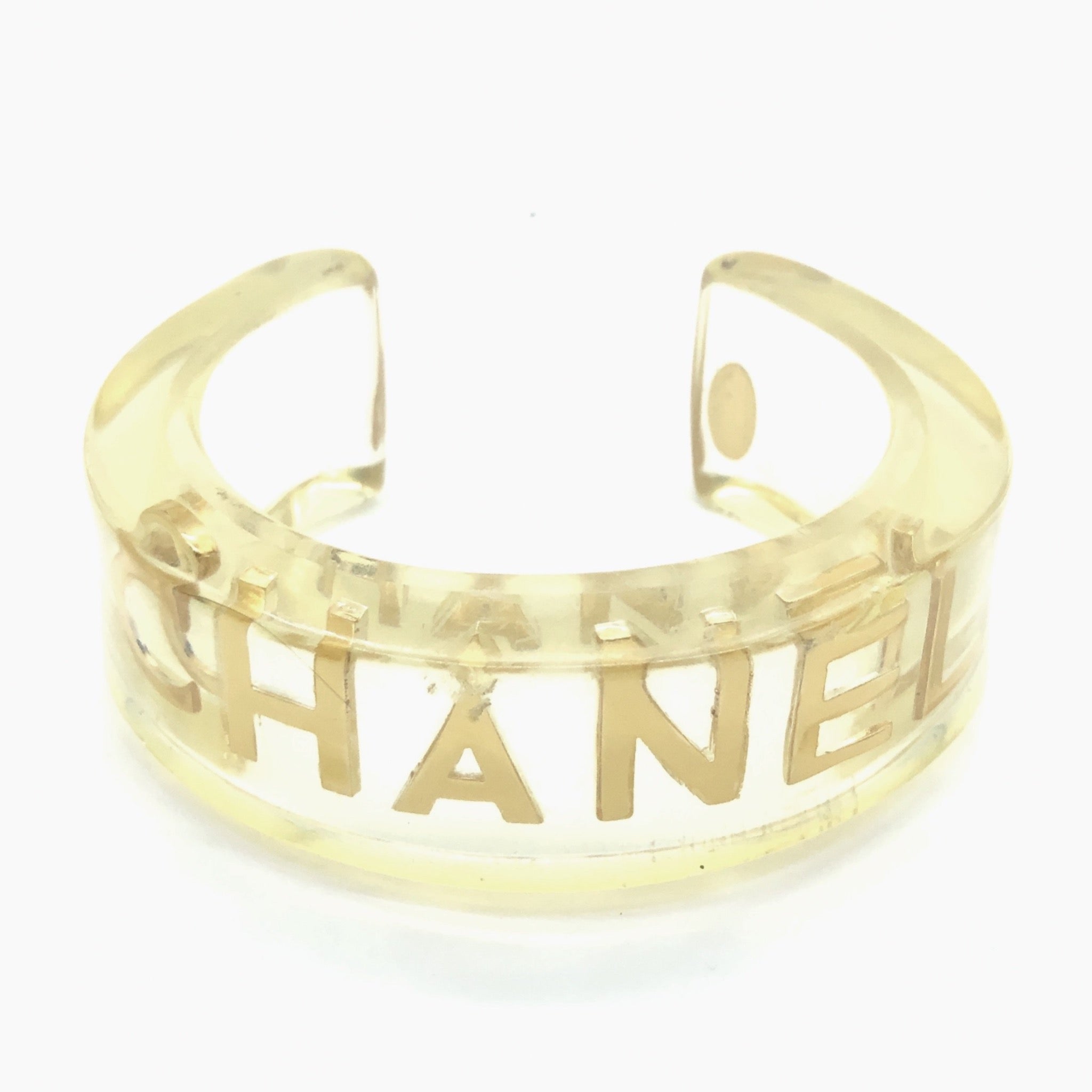Vintage Chanel Lucite Cuff with CHANEL in Gold – Very Vintage