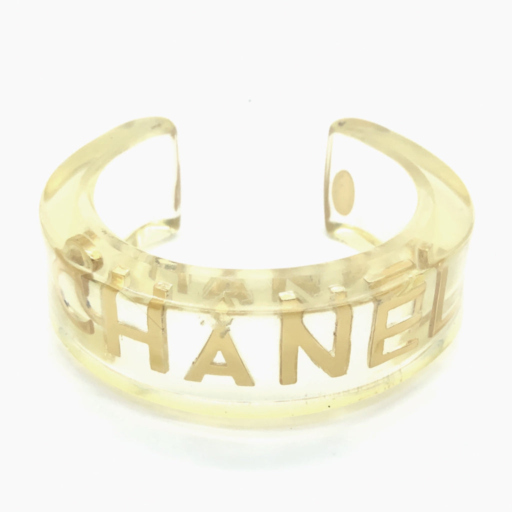 Vintage Chanel Lucite Cuff with CHANEL in Gold