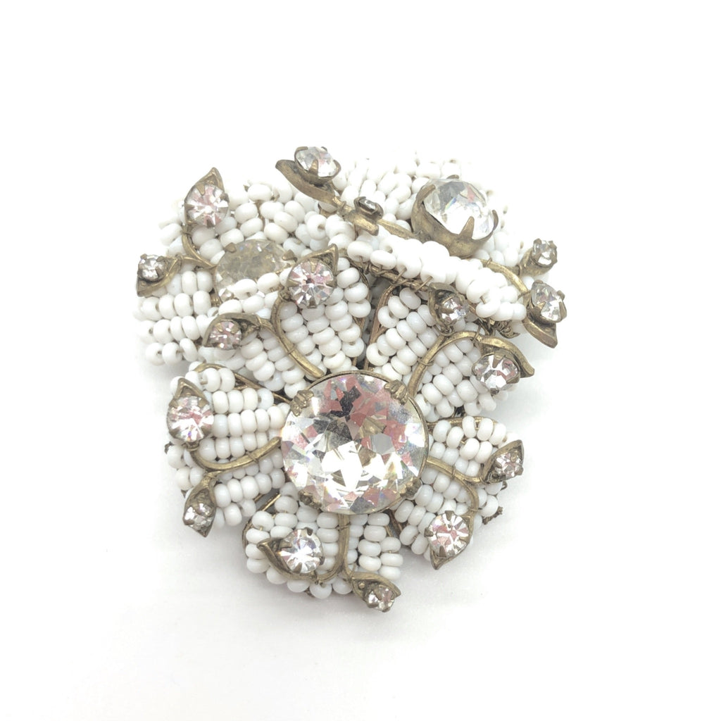 Miriam Haskell White Bead and Crystal Pin