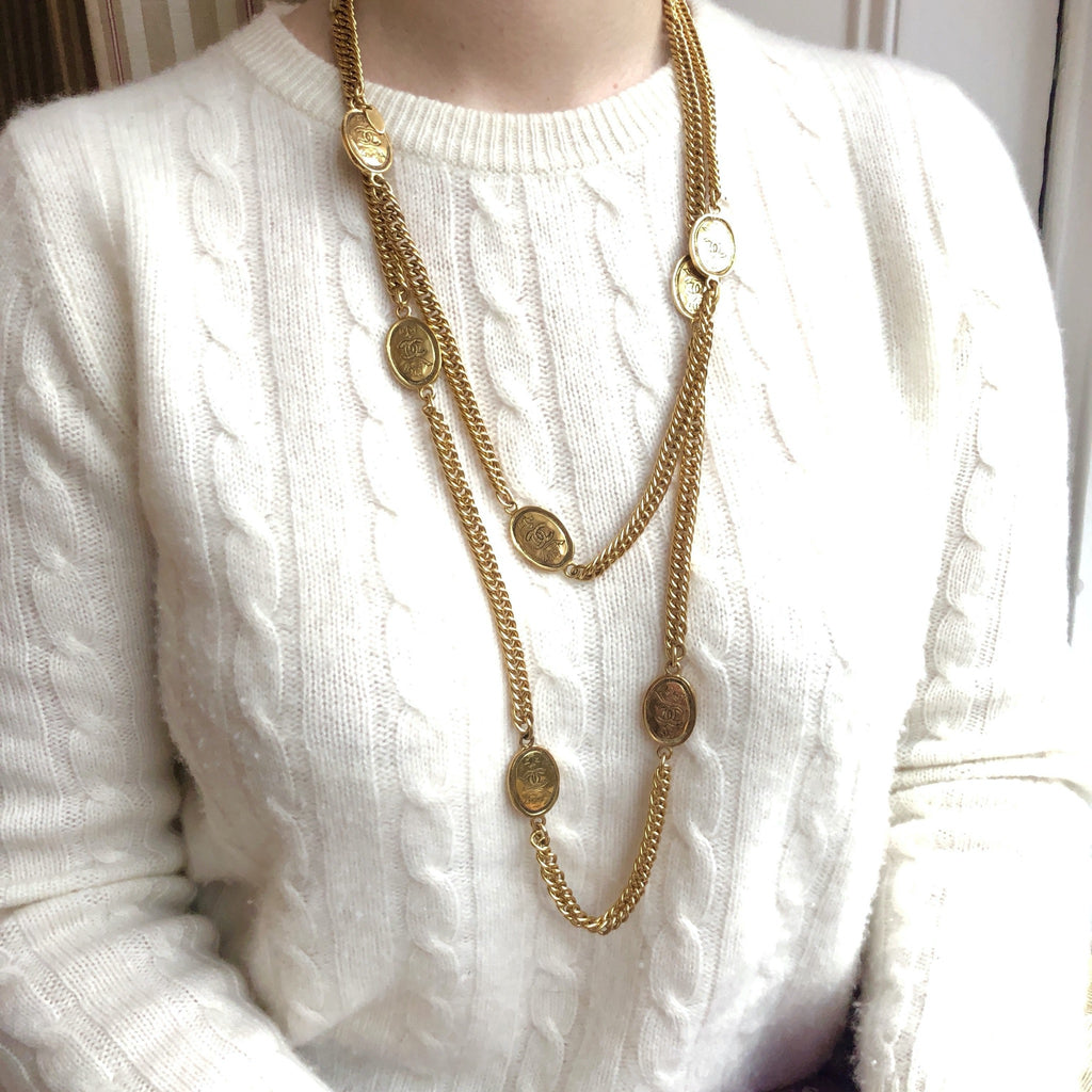 Vintage Chanel Long Chain Necklace with Crown Charms