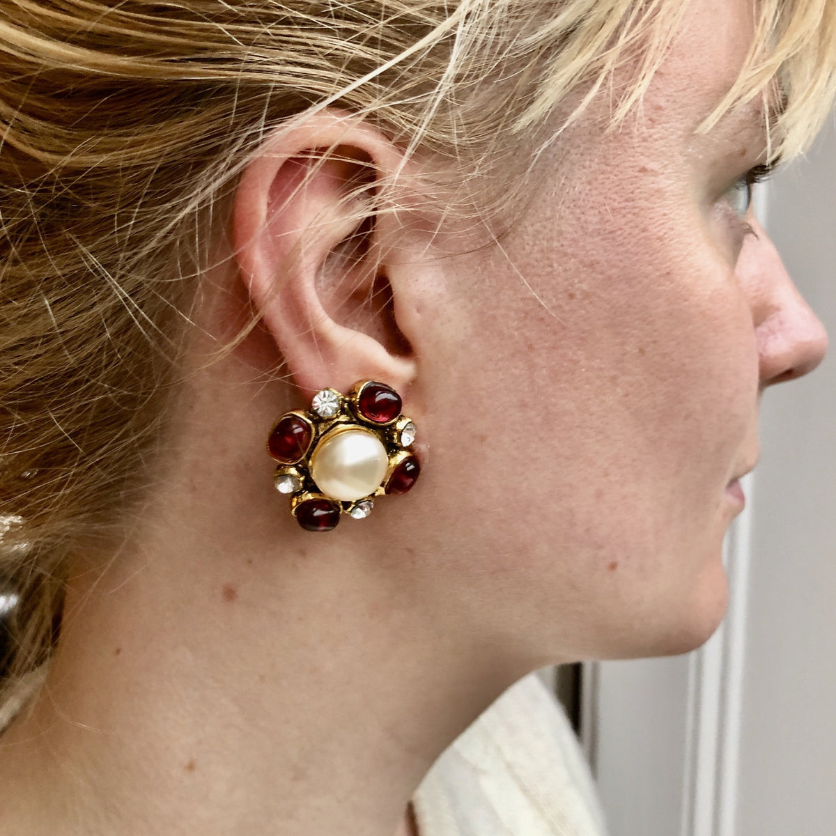 Chanel Paris 1970’s Brown Pearl Crystal Large Round Earrings