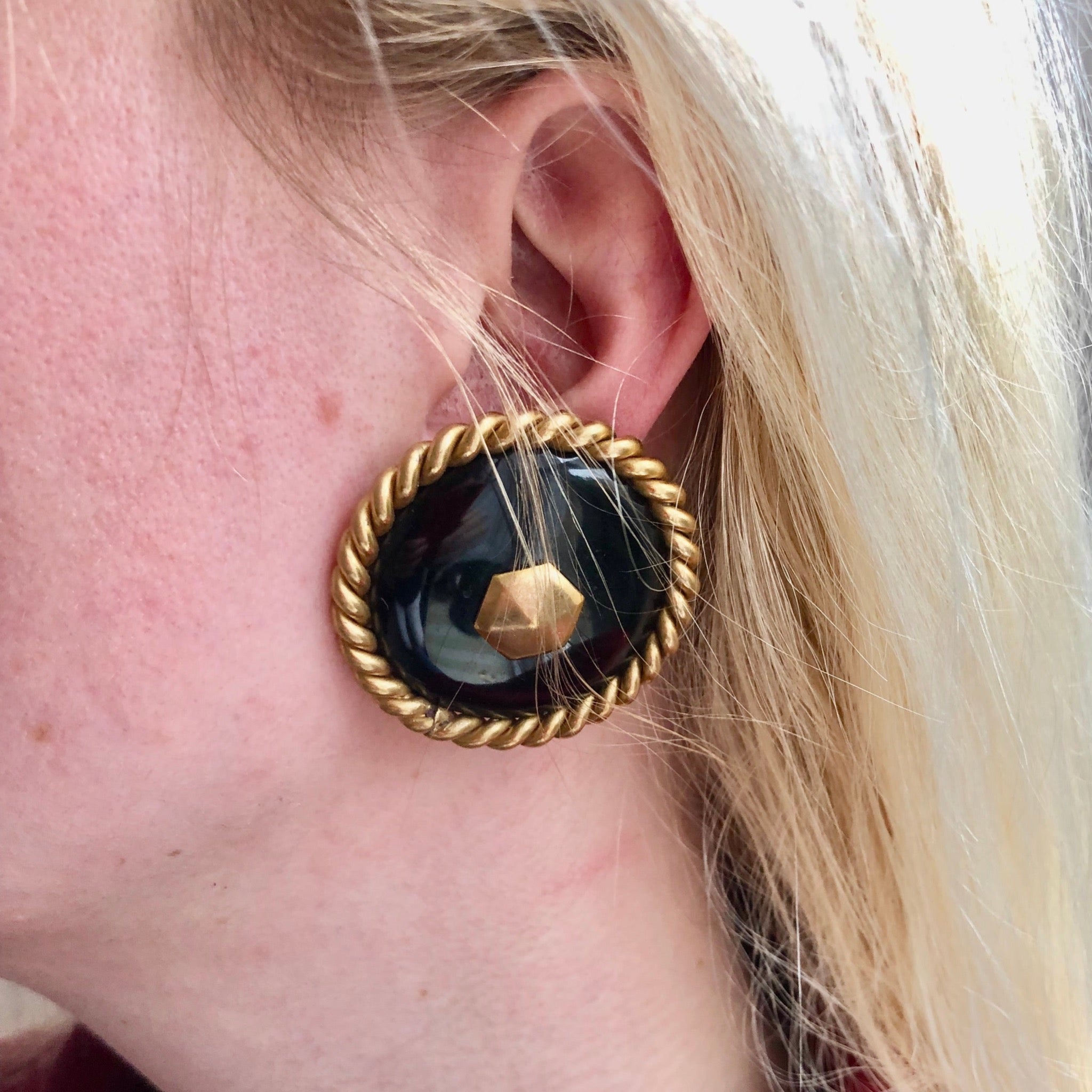 Vintage Chanel Large Black and Gold Earrings